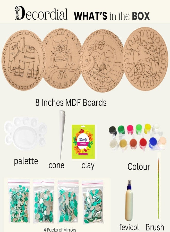 Decordial Indian Folk Art Combo lippan DIY Art kit Adults Materials Kit with 8" Round MDF DIY Kit for Adult madhubani Art kit lippan Art Board Wall Decor Mandala Art kit Adults - Image 2